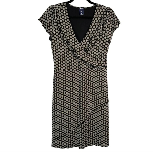 GAP Y2K Navy and White Floral Tiered Ruffled Dress Short Sleeves Crossover Sm - Picture 1 of 10